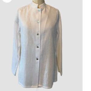 [XL]Kimina White ButtonUp Mandarin Collar L/S Shirt premium Linen Lagenlook
